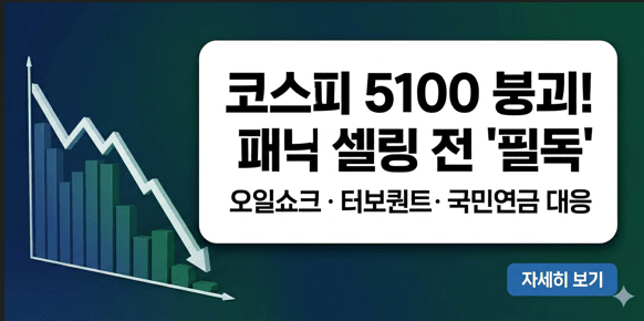 코스피 5100선 붕괴와 중동발 오일쇼크 및 구글 터보퀀트 악재 분석을 나타내는 주식 시장 하락 그래프 배경의 썸네일 이미지