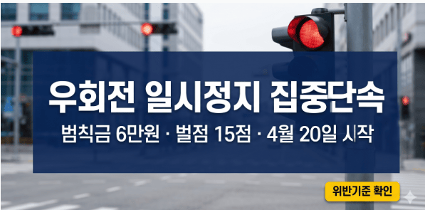 2026년 우회전 일시정지 집중단속 안내 및 범칙금 6만원 벌점 15점 정보 인포그래픽 썸네일
