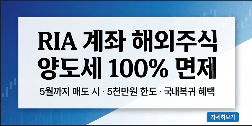 2026년 RIA 계좌(국내시장 복귀계좌) 해외주식 양도소득세 100% 면제 혜택 안내 인포그래픽